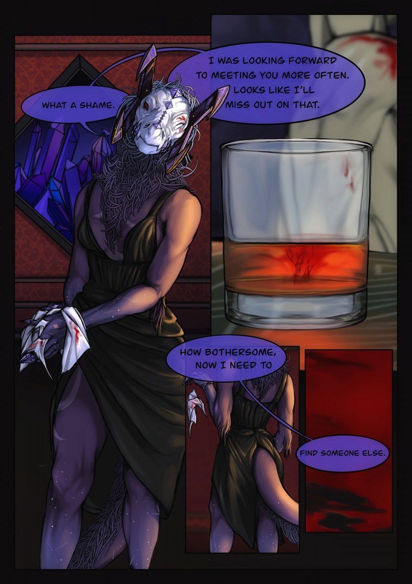 alcohol anthro beverage blood bodily_fluids claws clothing crystal death detailed_background female fur hair horn purple_body purple_fur purple_hair red_eyes tail text molvno mythology dragon mammal mythological_creature mythological_scalie rhinoceros scalie 2022 comic digital_media_(artwork) english_text hi_res