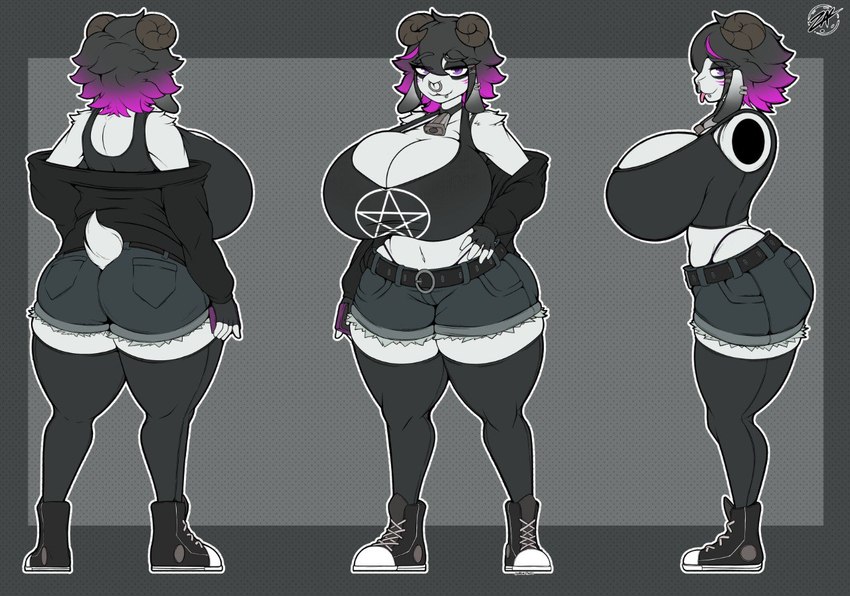 anthro big_breasts black_hair bottomwear breasts clothing female footwear hair horn huge_breasts legwear shirt shoes shorts solo stockings topwear white_body zak_hitsuji tai_(zak_hitsuji) bovid caprine goat mammal model_sheet