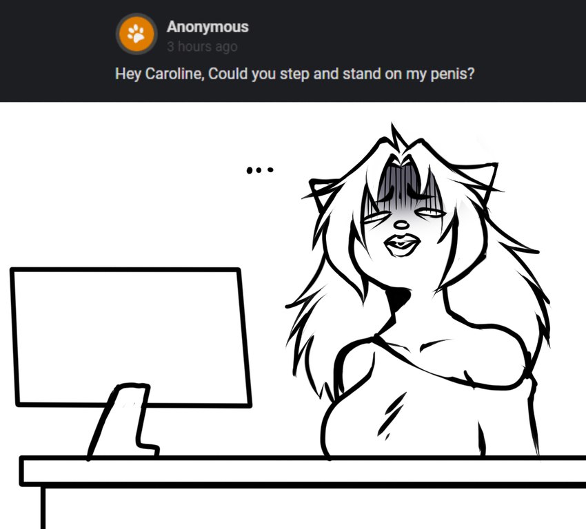 anthro ask_blog big_breasts breasts clothed clothing computer electronics ellipsis female fully_clothed hair long_hair mortified requesting sex_request solo text fiercedeitylynx caroline_(fiercedeitylynx) domestic_cat felid feline felis mammal siamese 2022 english_text