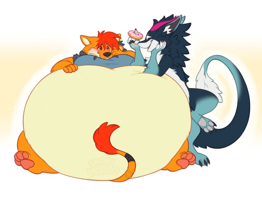 3_toes 4_fingers 4_toes 5_fingers anthro belly big_belly black_body blue_body blue_fur blush clothing dessert doughnut duo feeding feet fingers food fur hair huge_belly immobile inflation male orange_body orange_fur overweight overweight_anthro pastry pink_hair red_eyes red_hair simple_background sitting size_difference toes saonimorro canid canine canis domestic_dog mammal sergal 4:3 hi_res