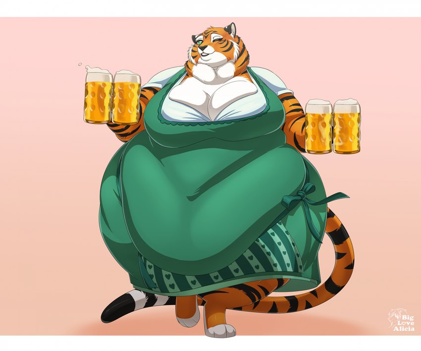 alcohol anthro beer belly beverage big_belly big_breasts breasts clothed clothing digitigrade female fully_clothed green_eyes huge_belly hyper_pear looking_at_viewer muffin_top obese obese_female one_eye_closed overweight overweight_female pear-shaped_figure simple_background solo thick_thighs walking wide_hips biglovealicia melody_(tawnyscrawnyleo) felid mammal pantherine tiger 2024 cel_shading full-length_portrait hi_res letterbox portrait shaded signature