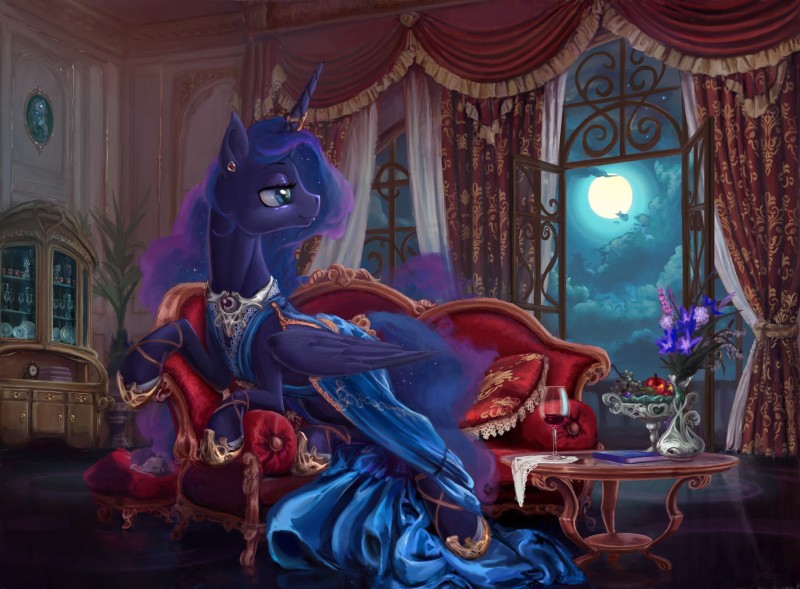 amazing_background art_nouveau blue_body blue_feathers clothed clothing cosmic_hair detailed_background ethereal_hair eyelashes feathered_wings feathers female feral hooves horn inside lying moon night pseudo_hair smile solo window wings devinian friendship_is_magic hasbro my_little_pony mythology princess_luna_(mlp) equid equine mammal mythological_creature mythological_equine winged_unicorn absurd_res detailed hi_res