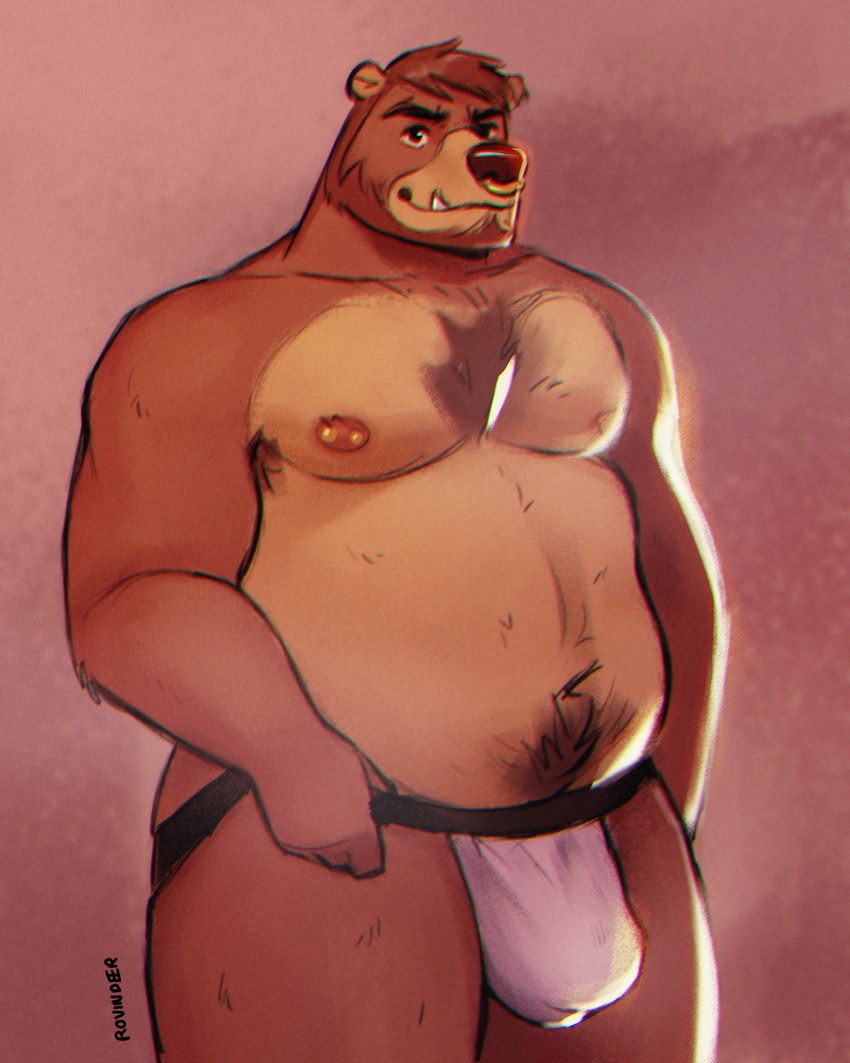 anthro armpit_hair belly body_hair bulge clothing cute_fangs facial_piercing fangs humanoid_hands jockstrap male moobs navel nipples nose_piercing nose_ring overweight overweight_male piercing ring_piercing solo teeth underwear rovindeer gabriel_(rovindeer) bear mammal 2020 absurd_res hi_res