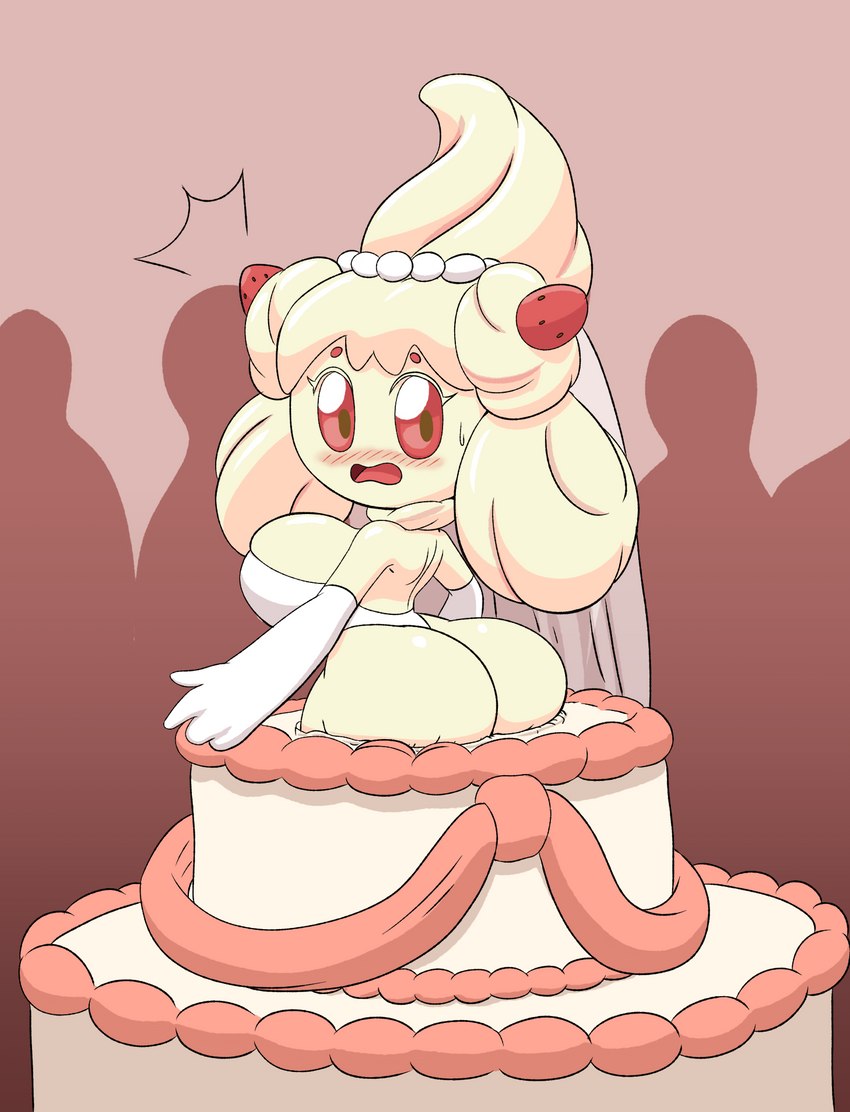 big_breasts big_butt blush breasts butt cake clothing dessert dress female food food_hair gloves handwear huge_breasts huge_butt looking_back open_mouth pseudo_hair public solo wedding_dress wedding_veil white_body tansau nintendo pokemon alcremie generation_8_pokemon humanoid pokemon_(species) strawberry_sweet_alcremie vanilla_cream_alcremie hi_res