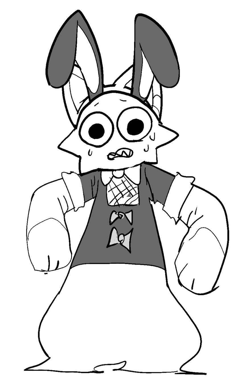 ambiguous_anthro ambiguous_gender anthro big_eyes big_pupils biped bodily_fluids bottomless bottomless_ambiguous bottomless_anthro bow_tie cheek_tuft clenched_teeth clothed clothing clothing_bow ears_up facial_tuft fake_ears fake_rabbit_ears featureless_crotch front_view maid_uniform monotone_background nervous nervous_sweat pupils simple_background solo standing sweat sweatdrop teeth tuft uniform white_background wrinkles_in_clothes misoden_(artist) delibas_(misoden) animate_inanimate felid feline living_clothing living_costume living_fursuit mammal 2024 digital_drawing_(artwork) digital_media_(artwork) full-length_portrait greyscale hi_res monochrome portrait