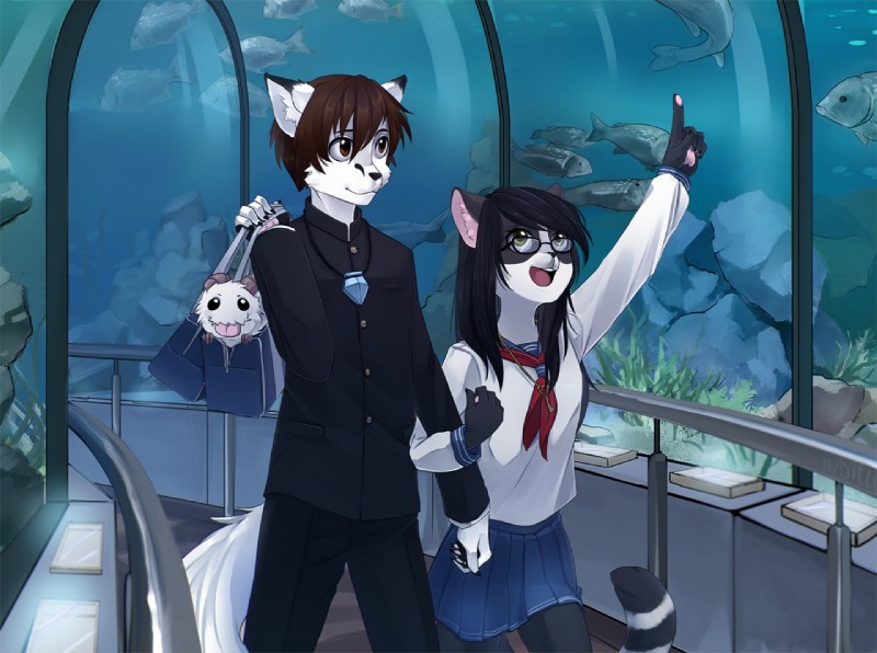 anthro aquarium clothed clothing duo eyewear female glasses male open_mouth public_aquarium school_uniform smile standing teeth tongue uniform vivarium iwbitu league_of_legends riot_games tencent kiritsune canid canine felid fox mammal poro digital_media_(artwork) shaded