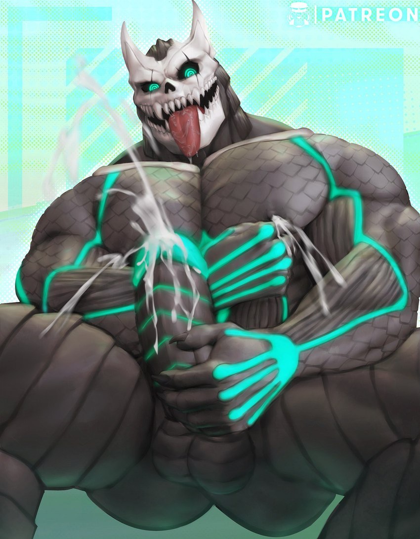 black_body bodily_fluids cum erection genital_fluids genitals male milk muscular muscular_male nipple_milking nipples nude pecs penis solo teeth tongue tongue_out bozi_exe kaiju_no._8 kafka_hibino kaiju_no_8 alien humanoid hybrid kaiju mammal monster hi_res