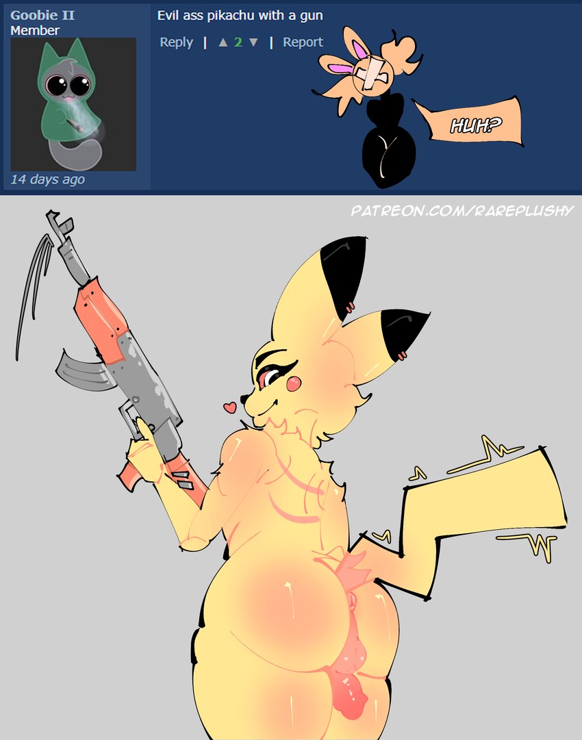 ak-47 ak_platform anthro assault_rifle balls big_butt butt e621_comment femboy fur genitals gun holding_gun holding_object holding_ranged_weapon holding_weapon huge_butt male nude penis ranged_weapon rifle simple_background smile solo tail text thick_thighs weapon yellow_body yellow_fur rareplushy nintendo pokemon plushy_(rareplushy) generation_1_pokemon mammal pikachu pokemon_(species) rodent absurd_res english_text hi_res