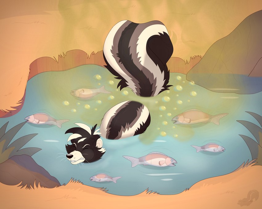 bubble death eyes_closed fart fart_bubbles fart_fetish farting_in_water male partially_submerged pond raised_tail skunk_tail smelly stink_fumes straining tail whiskers rockyjstinkston kaden_(luniethewolf66) fish mammal marine mephitid skunk 2024 hi_res