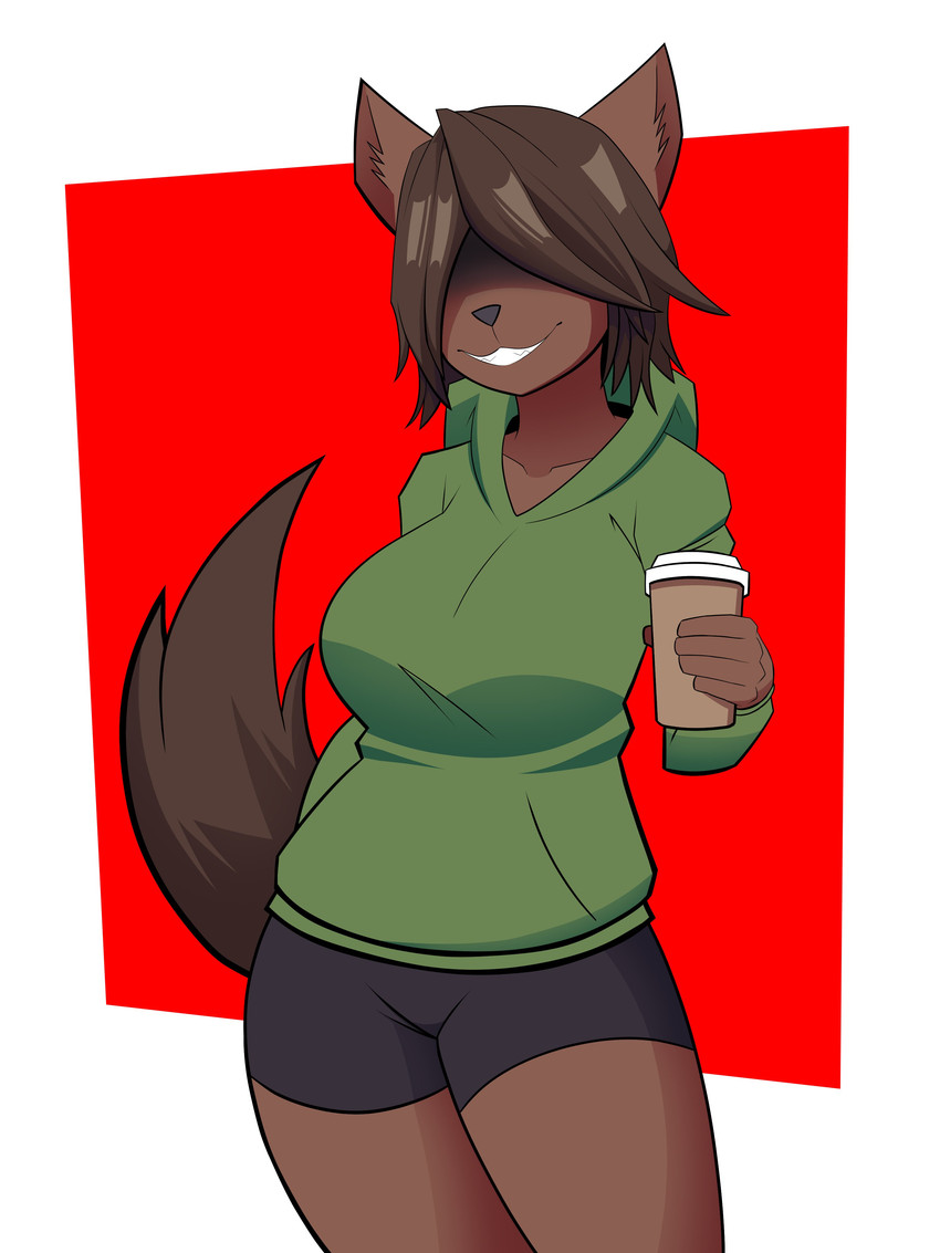 5_fingers anthro beverage big_breasts bottomwear breasts brown_body brown_fur clothed clothing coffee container cup female fingers fully_clothed fur hair hair_over_eyes jacket shorts simple_background smile solo topwear cyynapse louise_(strayed) gulonine mammal marten mustelid musteline pine_marten 2019 3:4 absurd_res digital_media_(artwork) hi_res