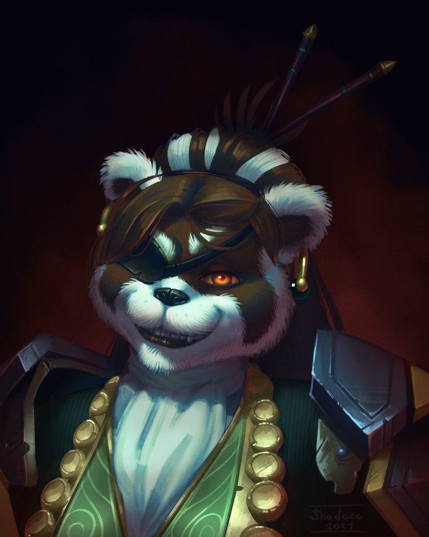 anthro eye_patch eyewear female simple_background solo yellow_eyes shadoca blizzard_entertainment warcraft bear mammal pandaren hi_res