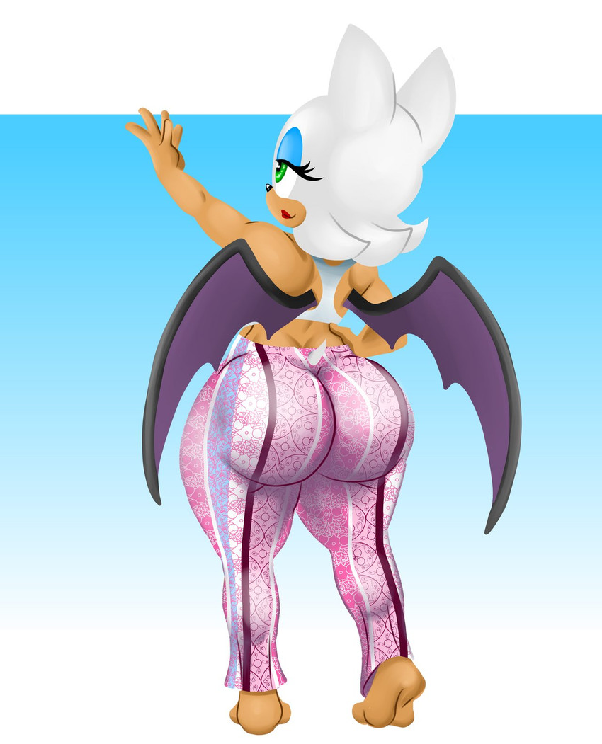 anthro barefoot bat_wings big_butt black_nose blue_background bottomwear butt clothing eyelashes feet female fur green_eyes lipstick makeup membrane_(anatomy) membranous_wings pants pattern_bottomwear pattern_clothing pattern_pants pink_bottomwear pink_clothing pink_pants purple_wings rear_view red_lipstick simple_background smile solo tan_body tan_fur thick_thighs topwear white_background white_body white_clothing white_fur white_topwear wide_hips wings jbreak1 forbidden_pants sega sonic_the_hedgehog_(series) rouge_the_bat bat mammal hi_res meme