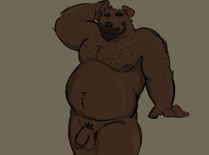 anthro balls beard belly body_hair facial_hair flaccid fur genitals hair male navel nipples nude overweight overweight_male penis simple_background smile solo dickinoatmeal bear brown_bear mammal ursine hi_res