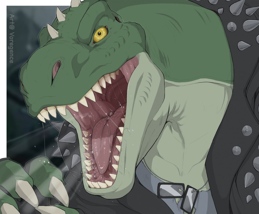 anthro bodily_fluids male mouth_shot open_mouth saliva saliva_string solo spikes spikes_(anatomy) teeth tongue voregence rocco_(tallion) dinosaur prehistoric_species reptile scalie theropod tyrannosaurid tyrannosauroid tyrannosaurus tyrannosaurus_rex hi_res