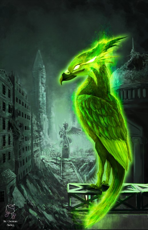 ambiguous_gender beak detailed_background feathered_wings feathers feral glowing glowing_eyes green_beak green_body green_feathers solo wings anttosik nemo2d european_mythology fallout fallout_equestria greek_mythology hasbro microsoft my_little_pony mythology fan_character pyrelight_(fallout_equestria) avian mythological_avian mythological_bird mythological_creature mythological_firebird phoenix absurd_res digital_media_(artwork) digital_painting_(artwork) hi_res