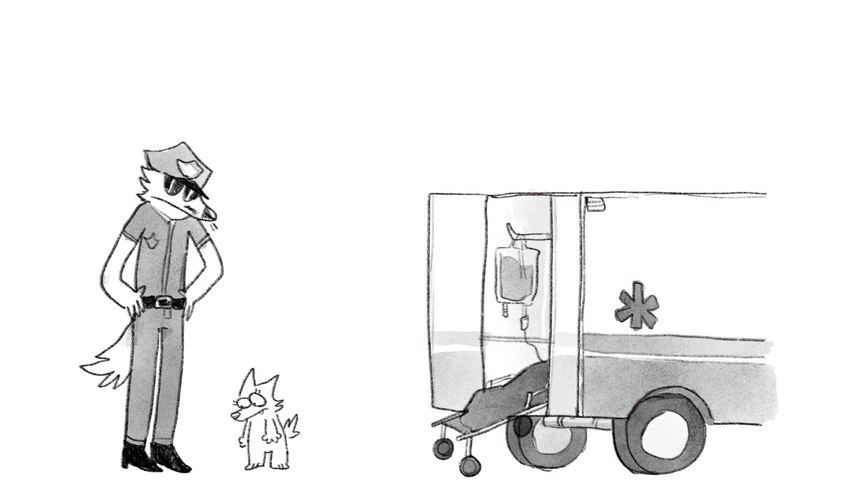 4_fingers ambiguous_gender ambulance anthro body_bag clothing fingers hospitalized humor looking_at_another looking_down officer police police_uniform simple_background star_of_life uniform vehicle twistcmyk canid canine mammal 2022 comic hi_res monochrome