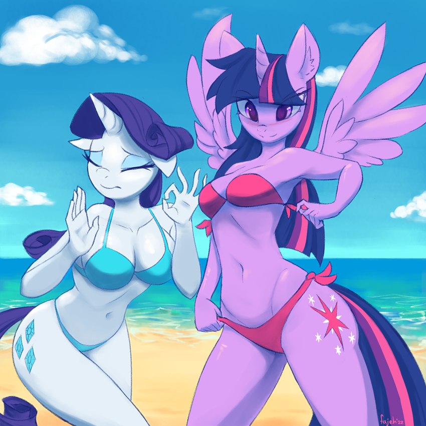 5_fingers anthro anthrofied beach bikini bikini_bottom bikini_top blush breasts cleavage clothed clothing clothing_pull cutie_mark day duo eyebrow_through_hair eyebrows eyes_closed eyeshadow feathered_wings feathers female fingers gesture hair hand_gesture horn long_hair makeup multicolored_hair navel ok_sign outside purple_body purple_eyes purple_hair seaside side-tie_bikini side-tie_bikini_top side-tie_clothing side-tie_swimwear smile standing strapless_bikini strapless_clothing strapless_swimwear string_bikini swimwear translucent translucent_hair two-piece_swimsuit water white_body wings fajeh friendship_is_magic hasbro my_little_pony mythology rarity_(mlp) twilight_sparkle_(mlp) equid equine mammal mythological_creature mythological_equine unicorn winged_unicorn 1:1 2022 artist_name hi_res