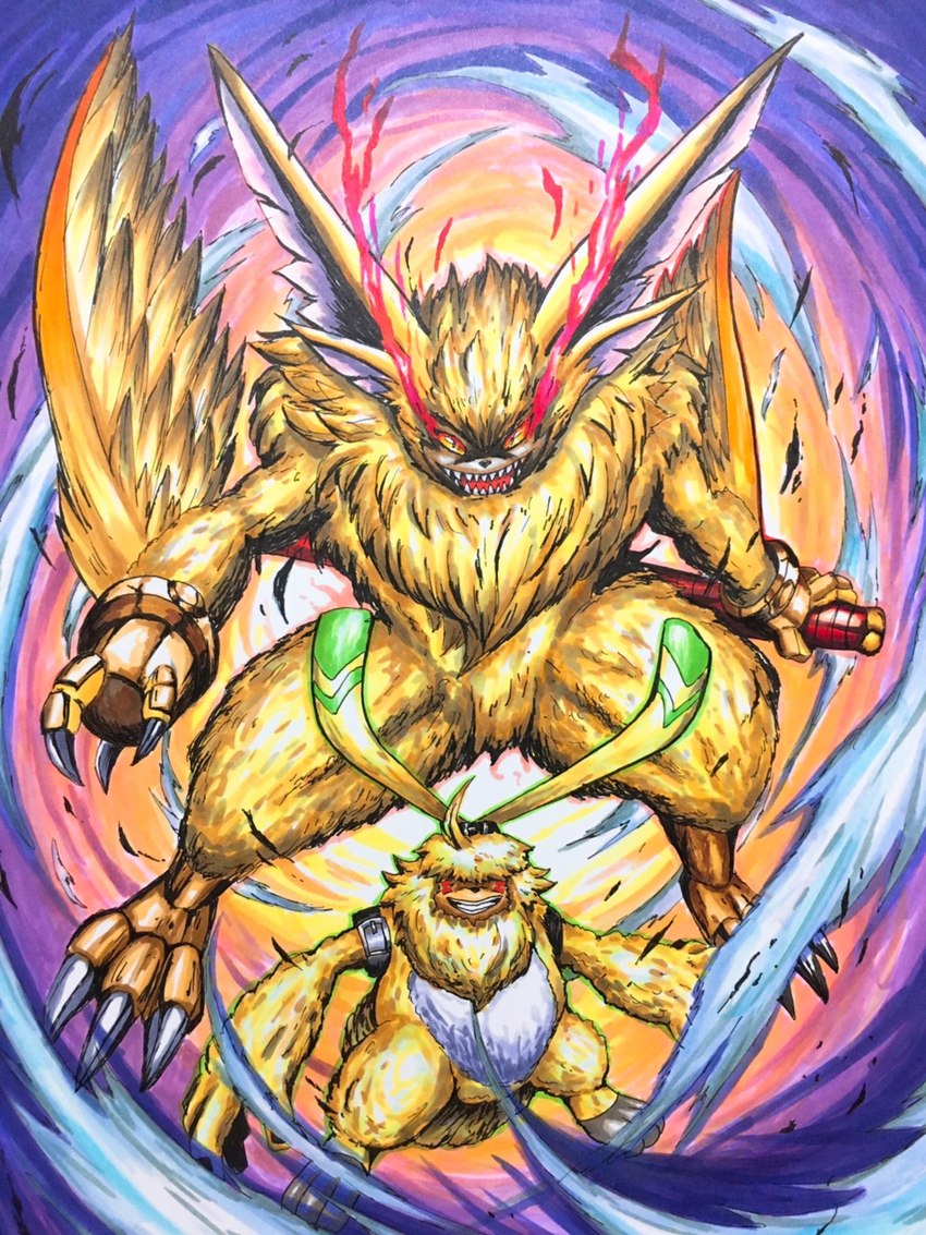 anthro claws evolutionary_family fur hair hair_over_eyes long_ears male ponytail_ears sharp_teeth teeth wings yellow_body yellow_fur sutunununu bandai_namco digimon digimon_ghost_game angoramon digimon_(species) lagomorph lamortmon leporid mammal monster rabbit 3:4 hi_res