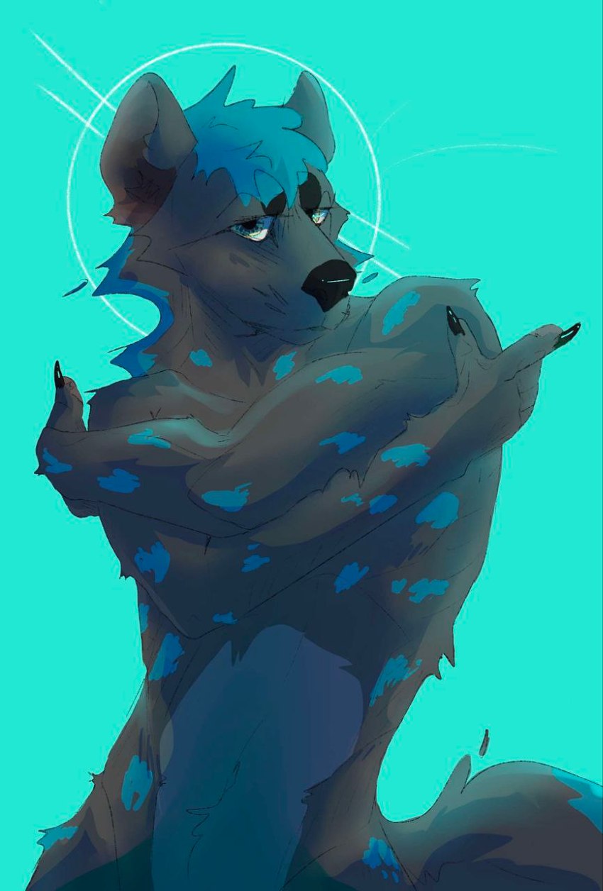 anthro blue_spots crossed_arms cyan_background fur grey_body looking_at_viewer male markings nude simple_background spots spotted_body spotted_fur tail anonymous_artist ezekiel_yeen hyena mammal spotted_hyena hi_res