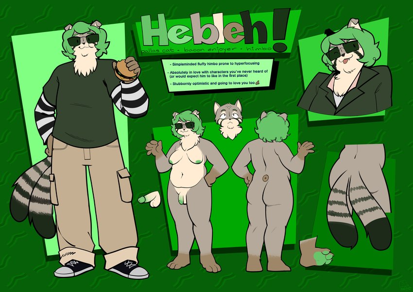 anthro blep eyewear fur glasses green_hair hair male multi_tail pawpads solo striped_body striped_fur stripes sunglasses tail text tongue tongue_out magnetiorchid hebleh felid feline mammal pallas's_cat absurd_res english_text hi_res model_sheet