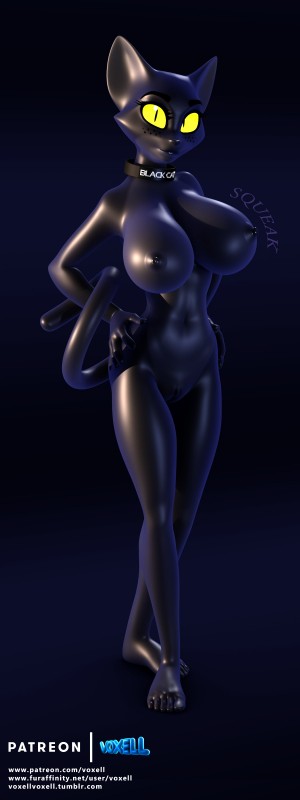 anthro big_breasts black_body black_skin breasts collar female genitals hands_on_hips latex machine nude pussy solo text text_on_collar yellow_eyes voxell_voxell black_cat_(voxell) android domestic_cat felid feline felis mammal robot 2018 3d_(artwork) absurd_res digital_media_(artwork) hi_res url