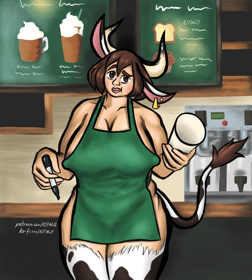 animal_print appliance apron apron_only areola areola_slip big_breasts breasts brown_eyes brown_hair cleavage clothed clothing coffee_cup coffee_machine coffee_maker coffee_shop container cow_print cup detailed_background ear_piercing ear_ring erect_nipples eyebrows female hair holding_container holding_cup holding_object holding_pen horn kitchen_appliance lips looking_at_viewer mostly_nude nipple_outline nipples overweight pen piercing pose raised_eyebrow ring_piercing solo tail tail_tuft text thick_lips thick_thighs tuft wide_hips writing_utensil nsfwulf i_mean_breast_milk ko-fi patreon starbucks animal_humanoid bovid bovid_humanoid bovine bovine_humanoid humanoid mammal mammal_humanoid absurd_res colored hi_res meme pinup url