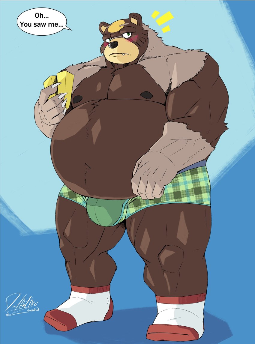 anthro belly black_nose blush bulge clothing humanoid_hands looking_at_viewer male moobs nipples overweight overweight_male solo text underwear deadanthro nintendo pokemon pokemon_legends_arceus bear generation_8_pokemon mammal pokemon_(species) ursaluna 2022 english_text hi_res