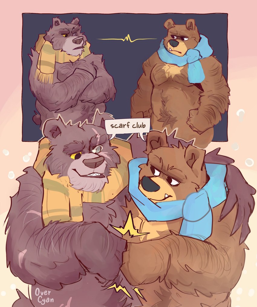 anthro biped black_nose brown_body brown_fur duo fur hug male scar scarf overcyan dreamworks duolingo puss_in_boots_(franchise) falstaff_(duolingo) papa_bear_(puss_in_boots) bear mammal 2023 absurd_res crossover hi_res