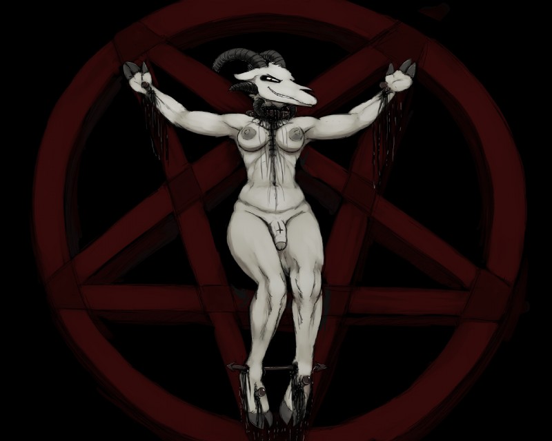 anthro areola black_blood blood bodily_fluids breasts collar colored_blood crossgender crucifixion eyeshadow genitals gore gore_focus grin gynomorph hooves horn intersex inverted_pentagram looking_at_viewer makeup nipples nude occult_symbol penis pentagram smile solo symbol thick_thighs unusual_blood unusual_bodily_fluids wide_hips y_incision hladilnik baphomet_(deity) lucy_(hladilnik) bovid caprine caprine_demon deity demon goat_demon humanoid mammal 5:4