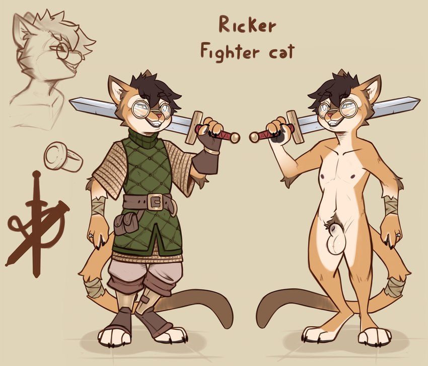 anthro armor balls black_paws clothed clothing eyewear genitals glasses male melee_weapon penis pubes ring solo sword tail weapon atane27 ricker_(atane27) domestic_cat felid feline felis mammal