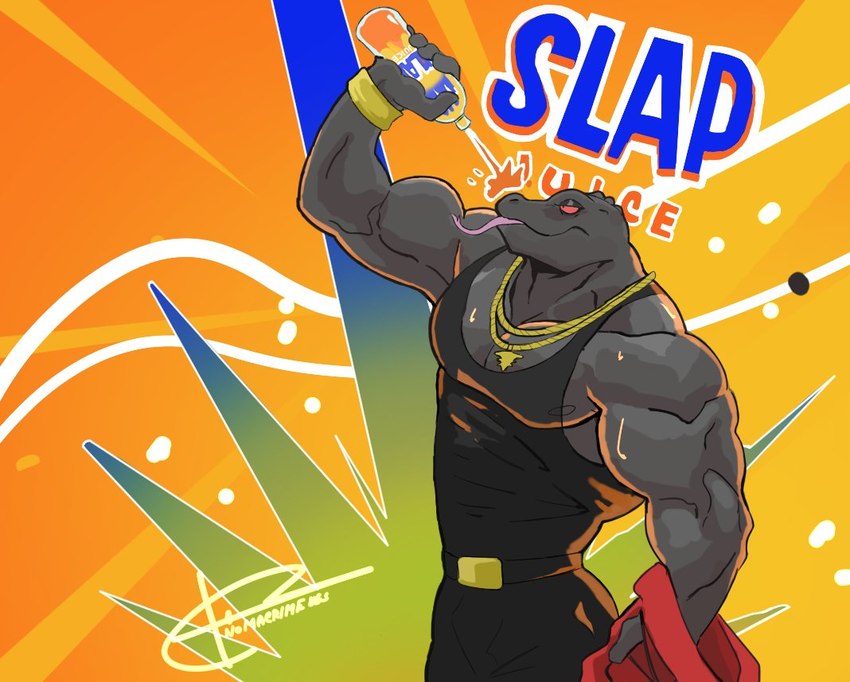 abs anthro belt beverage biceps clothing collar male muscular muscular_anthro muscular_male pecs red_clothing red_eyes red_shirt red_topwear shirt slap_juice solo tank_top tongue topwear wet wet_body wristband crimenes epic_games fortnite thunder_(fortnite) komodo_dragon lizard monitor_lizard reptile scalie