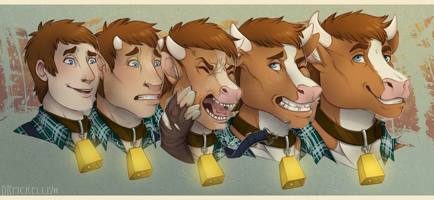 anthro bell clothing collar cowbell farmer growth male pattern_clothing pattern_topwear plaid plaid_clothing plaid_topwear snout snout_growth solo suspenders topwear torn_clothing transformation drpickelle pheagle bovid bovine cattle holstein_friesian_cattle mammal 2016 letterbox