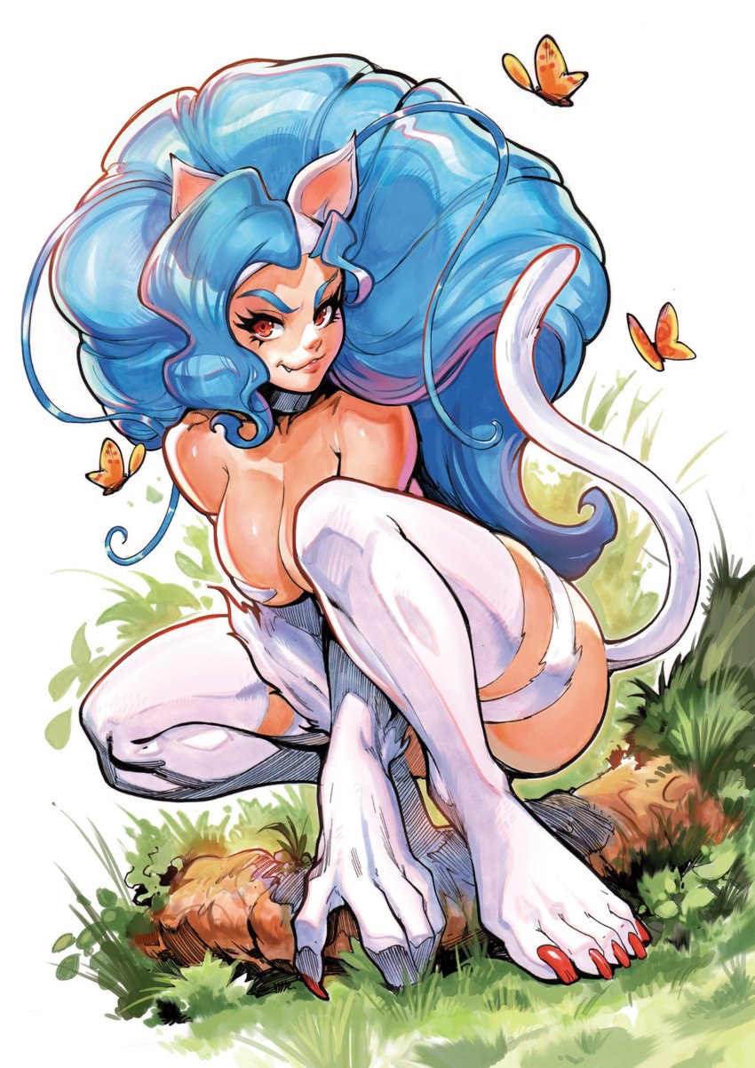 big_breasts big_hair blue_hair breasts claws crouching detailed_ambient_creature fangs female female_humanoid fur hair light_body light_skin looking_at_viewer outside paws solo teeth white_body white_fur reiq capcom darkstalkers felicia_(darkstalkers) ambient_arthropod ambient_butterfly ambient_flier ambient_insect animal_humanoid arthropod butterfly cat_humanoid felid felid_humanoid feline feline_humanoid humanoid insect lepidopteran mammal mammal_humanoid digital_media_(artwork) hi_res