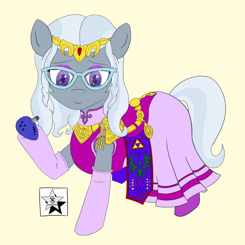 clothing cosplay dress eyewear female feral fur glasses grey_body grey_fur grey_hair hair looking_at_viewer musical_instrument ocarina purple_eyes solo wind_instrument wodahseht friendship_is_magic hasbro my_little_pony nintendo ocarina_of_time the_legend_of_zelda silver_spoon_(mlp) earth_pony equid equine horse mammal pony 1:1 2014 crossover hi_res pillarbox