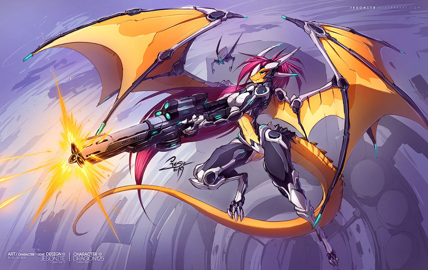 anthro armor convincing_weapon cybernetics drone_(vehicle) female gun machine membrane_(anatomy) membranous_wings midriff ranged_weapon rifle solo spread_wings tail unconvincing_armor weapon wings jesonite mythology cyborg dragon mythological_creature mythological_scalie scalie