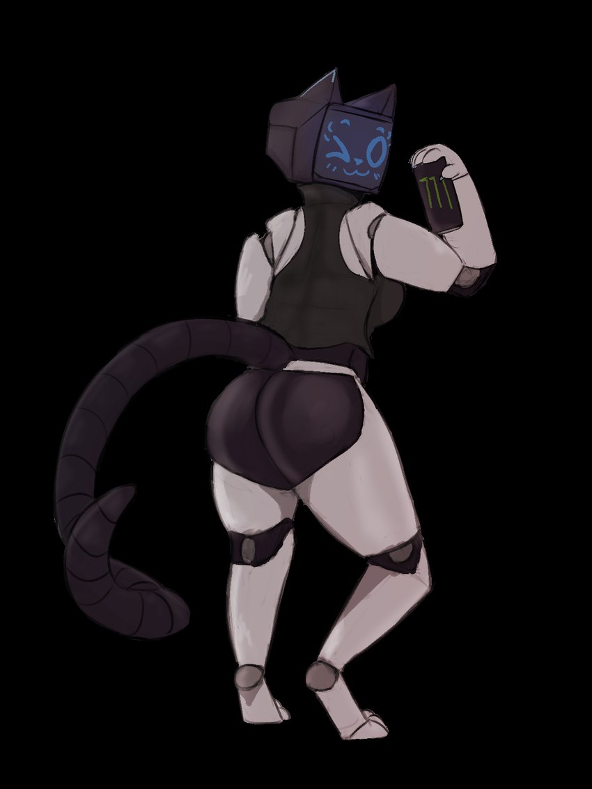 anthro anthrofied butt clothed clothing female looking_at_viewer machine one_eye_closed partially_clothed screen screen_face smile solo standing tail topwear white_body wink rockpankake kerfus felid mammal monster robot 2025 digital_media_(artwork) hi_res