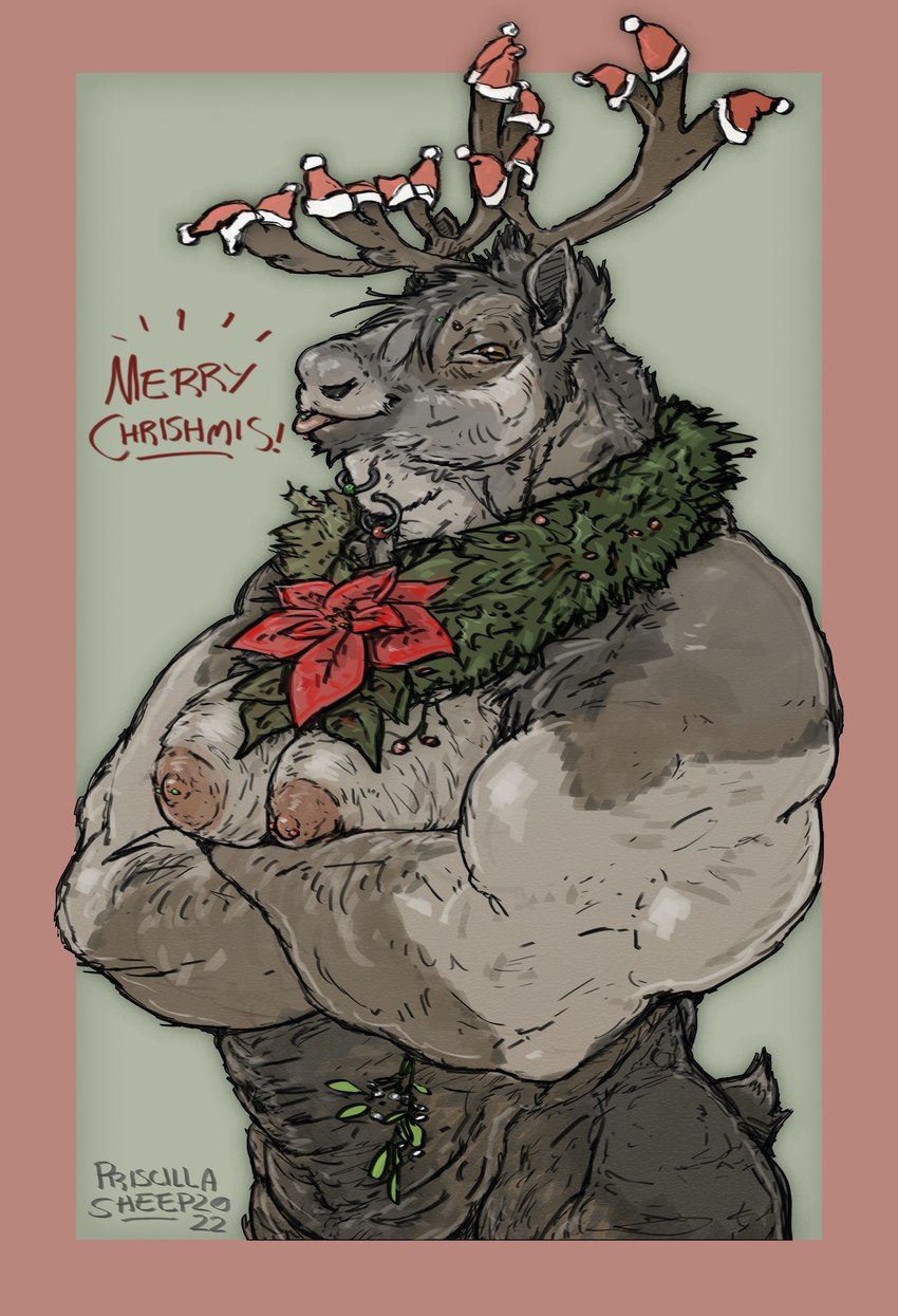 anthro antlers areola biped brown_eyes chin_piercing chin_ring christmas_clothing christmas_headwear christmas_wreath clothing crossed_arms eyebrow_piercing facial_piercing female glistening glistening_eyes hat headgear headwear holidays horn muscular muscular_anthro muscular_arms muscular_female nipple_piercing nipples piercing ring_piercing santa_hat solo text tongue tongue_out tongue_piercing priscillasheep christmas deer mammal new_world_deer reindeer 2022 absurd_res artist_name dated english_text hi_res