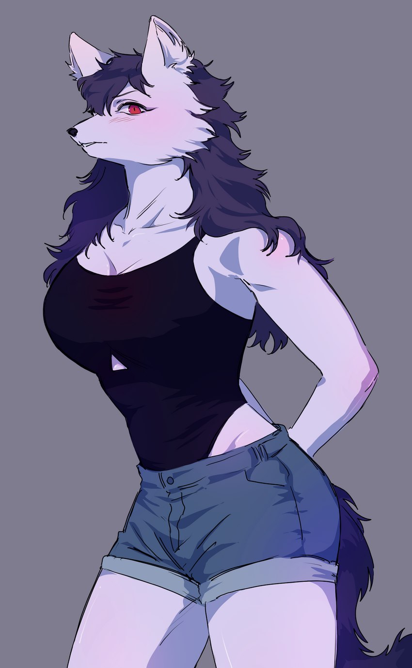 anthro black_clothing black_shirt black_tank_top black_topwear bottomwear clothing female fur grey_background hands_behind_back looking_at_viewer red_eyes shirt shorts simple_background tank_top topwear white_body white_fur halfyen hi_res