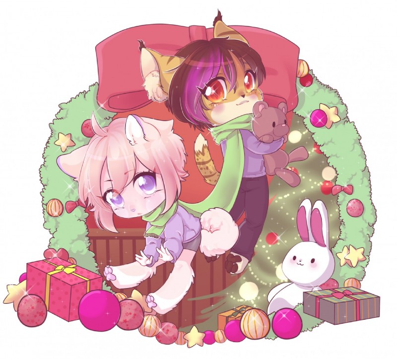 brown_hair chibi christmas_present clothed clothing duo eyebrows eyelashes fully_clothed gift hair humanoid_hands long_tail looking_at_viewer male multicolored_hair pawpads paws plushie purple_hair scarf simple_background sitting standing tail white_background vaini arlen_tawny jows_(dowghe) canid canine canis domestic_dog felid feline lynx mammal shiba_inu spitz