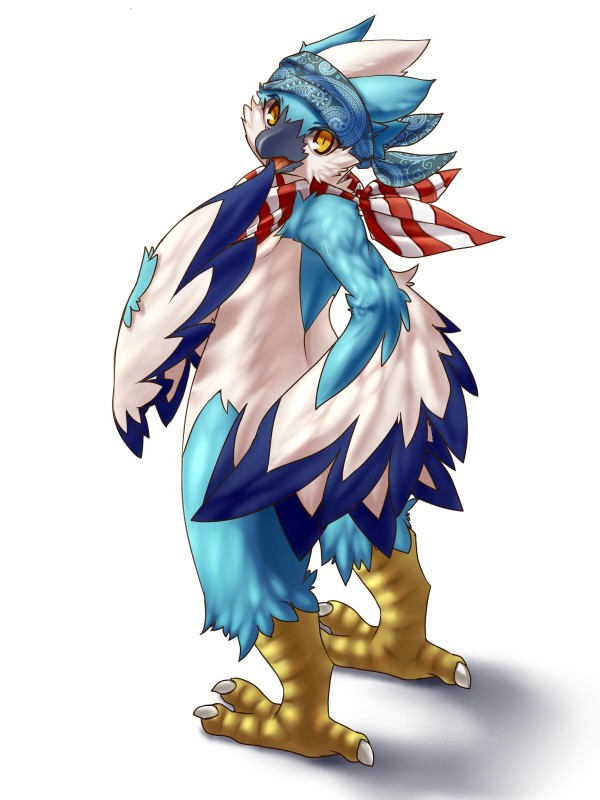 3_toes ambiguous_gender anthro beak biped blue_beak blue_body blue_clothing blue_feathers blue_headkerchief blue_kerchief claws clothed clothing feathered_wings feathers feet headgear headkerchief headwear kerchief kerchief_only looking_at_viewer looking_back mostly_nude multicolored_body multicolored_clothing multicolored_feathers multicolored_kerchief multicolored_neckerchief neckerchief neckwear open_mouth pattern_clothing pattern_headkerchief pattern_kerchief pattern_neckerchief plantigrade red_clothing red_kerchief red_neckerchief shadow simple_background solo standing striped_clothing striped_kerchief striped_neckerchief stripes toes two_tone_body two_tone_clothing two_tone_feathers two_tone_kerchief two_tone_neckerchief white_background white_body white_clothing white_feathers white_kerchief white_neckerchief winged_arms wings yellow_eyes kosian avian 2014 3:4 digital_media_(artwork) full-length_portrait hi_res portrait