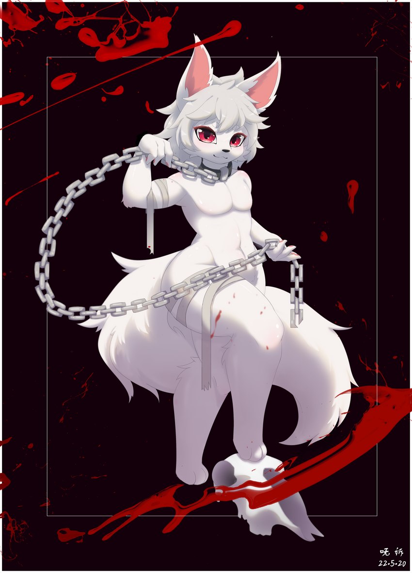 3_toes 4_fingers :3 anthro arm_tuft bandage biped black_background blood blood_splatter bodily_fluids bone chain chain_leash cheek_tuft collar elbow_tuft eyelashes facial_tuft feet femboy fingers fluffy fluffy_tail front_view fur glistening glistening_body glistening_eyes glistening_fur glistening_hair hair hindpaw holding_chain holding_leash holding_object holding_own_leash humanoid_hands kemono leash leashed_collar leg_tuft looking_at_viewer male monotone_body monotone_fur monotone_hair monotone_tail navel nude pawpads paws pecs pink_inner_ear pink_pawpads pupils red_eyes short_hair simple_background skull slim smile solo standing step_pose tail three-quarter_view toes tuft white_body white_ears white_fur white_hair white_tail wide_hips fusu canid canine canis mammal wolf 2022 absurd_res colored digital_media_(artwork) full-length_portrait hi_res portrait shaded