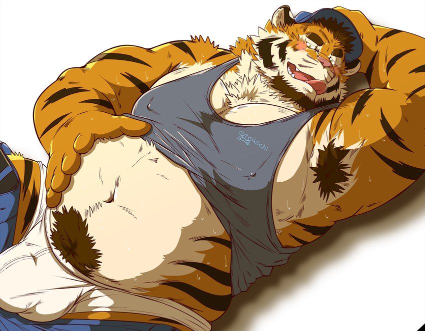 anthro armpit_hair barazoku blush bodily_fluids body_hair bulge clothing hat headgear headwear kemono lying male navel nipple_outline pink_nose pubes solo sweat tongue underwear raichoclub felid mammal pantherine tiger 2024 hi_res