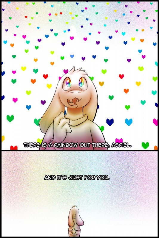 anthro black_border bodily_fluids border crying fur heart_symbol heterochromia rainbow smile solo tears text white_body white_fur scottderg undertale undertale_(series) asriel_dreemurr boss_monster_(undertale) bovid caprine goat mammal 2015 2:3 absurd_res comic english_text hi_res