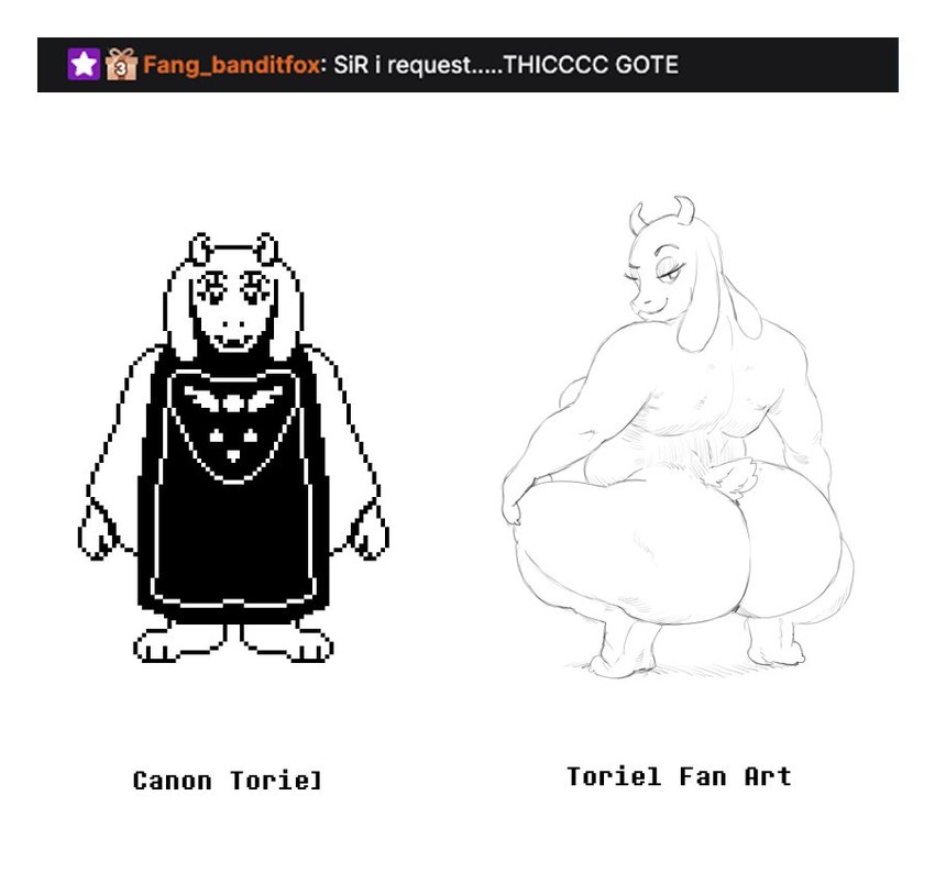 anthro bedroom_eyes big_butt butt crouching curvy_figure female huge_butt humor looking_back narrowed_eyes nude seductive solo sprite text wide_waist sirartwork broly_culo undertale undertale_(series) toriel boss_monster_(undertale) bovid caprine mammal 2022 black_and_white digital_media_(artwork) english_text meme monochrome official_art pixel_(artwork) sketch