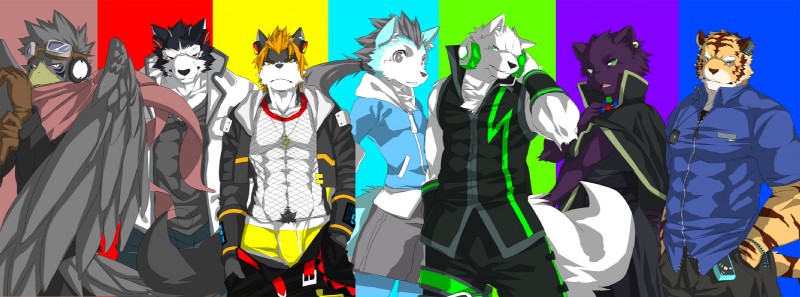 abs anthro beak biceps big_muscles clothing electronics feathered_wings feathers fur group headphones looking_at_viewer male muscular muscular_male tail wings kenn utau arugo_tsudzurine gekkou_himagane ikuto_waon oyupo_kogane rou_kemonone sarasa_arujine sero_tsugumine avian canid canine canis domestic_dog felid mammal pantherine tiger wolf hi_res