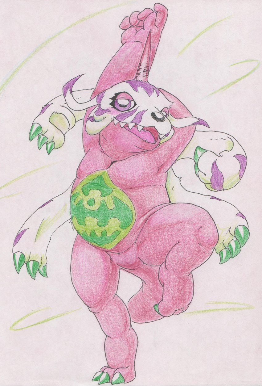 animal_skin anthro belly horn male overweight overweight_male pink_body solo tabasukotrr bandai_namco digimon digimon_(species) psychemon hi_res traditional_media_(artwork)