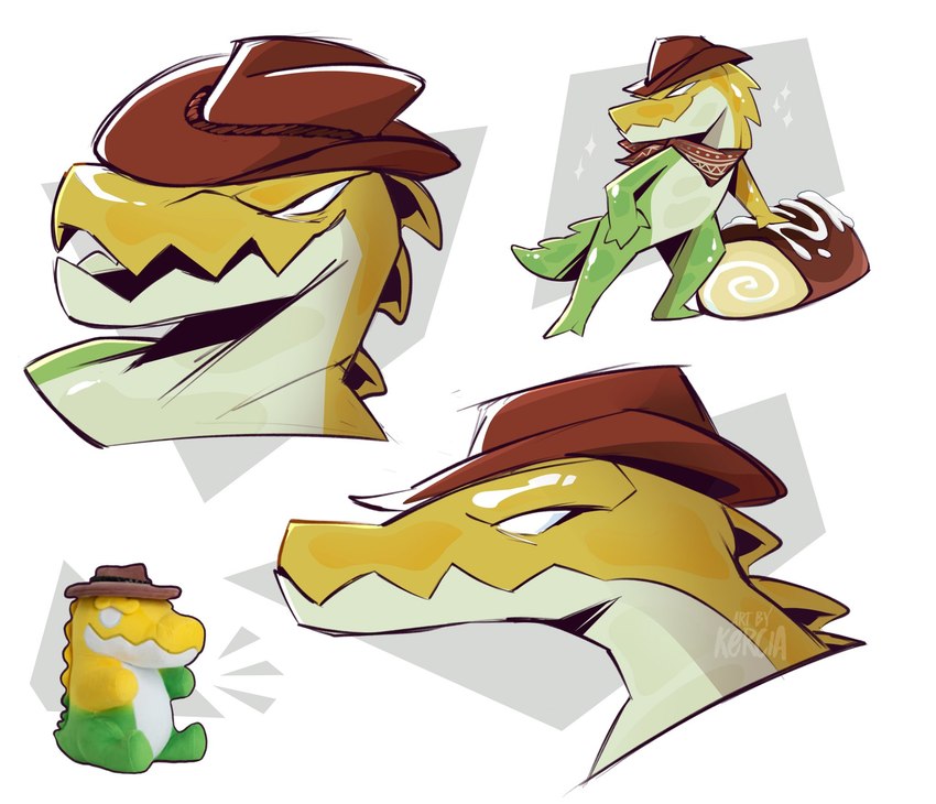 anthro clothing hat headgear headwear male neckwear open_mouth plushie simple_background smile solo kercia glitch_productions the_amazing_digital_circus gummigoo_(tadc) crocodile crocodilian mammal reptile scalie hi_res sketch