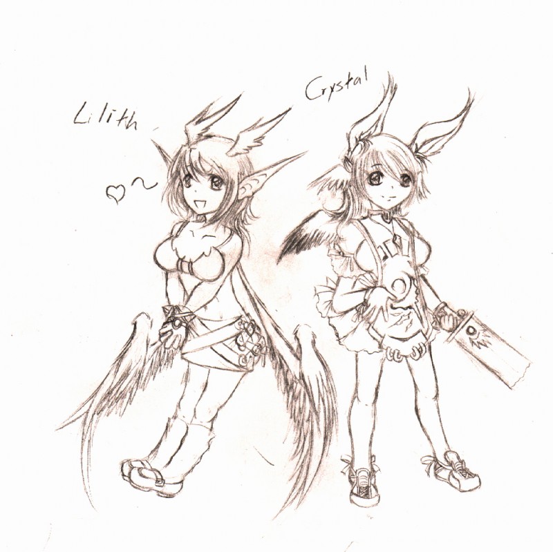 anthro apron breasts clothed clothing dress duo feathered_wings feathers female footwear heart_symbol humanoid_pointy_ears looking_at_viewer pointy_ears shoes simple_background smile white_background wings tigerlilylucky crystal_(tigerlilylucky) lilith_(tigerlilylucky) angel angel_humanoid animal_humanoid demon humanoid lagomorph leporid mammal rabbit winged_humanoid 2009 monochrome sketch traditional_media_(artwork)