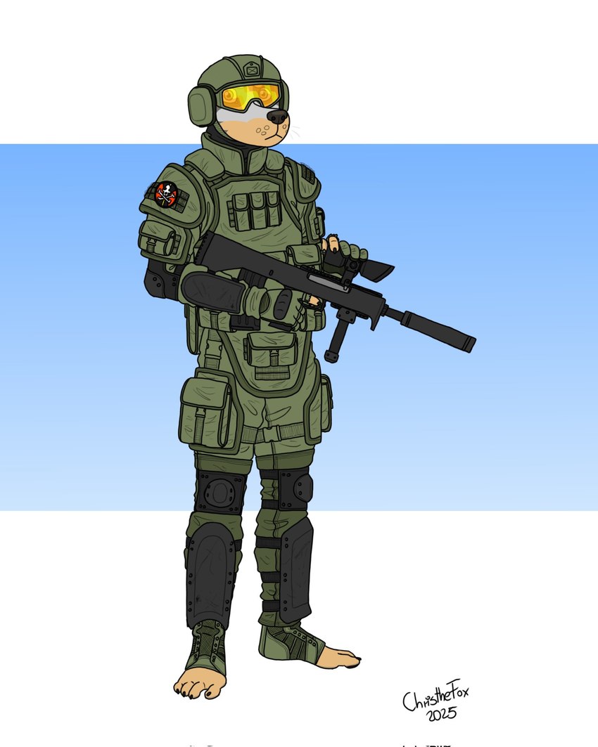 anthro armor barefoot clothing eyewear feet goggles green_eyes gun holding_gun holding_object holding_ranged_weapon holding_weapon looking_at_viewer male military military_clothing military_gear military_gloves military_helmet military_jacket military_pants military_uniform ranged_weapon soldier soldier_uniform solo uniform warrior weapon bartek22 brazilian_dawg_(ricthecusco) hi_res