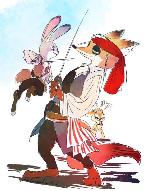 anthro clothed clothing female fur green_eyes group male purple_eyes nakamonaka3 disney pirates_of_the_caribbean zootopia finnick_(zootopia) judy_hopps nick_wilde canid canine fennec_fox fox lagomorph leporid mammal rabbit true_fox 2017